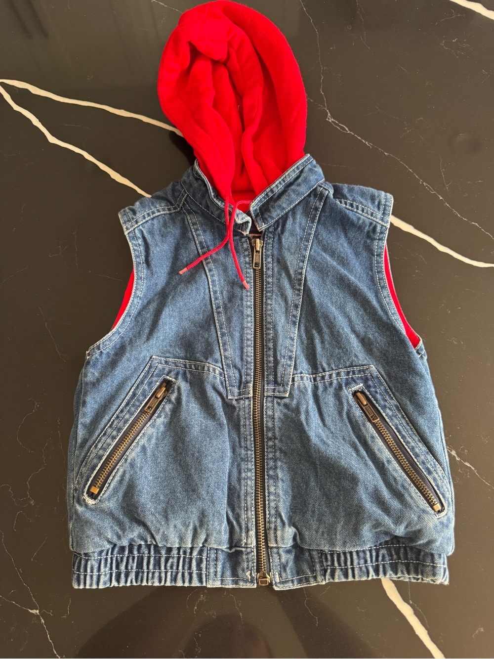 Vintage 90s Kids Denim Vest with Red Hood - Sleeveless Hooded Jacket